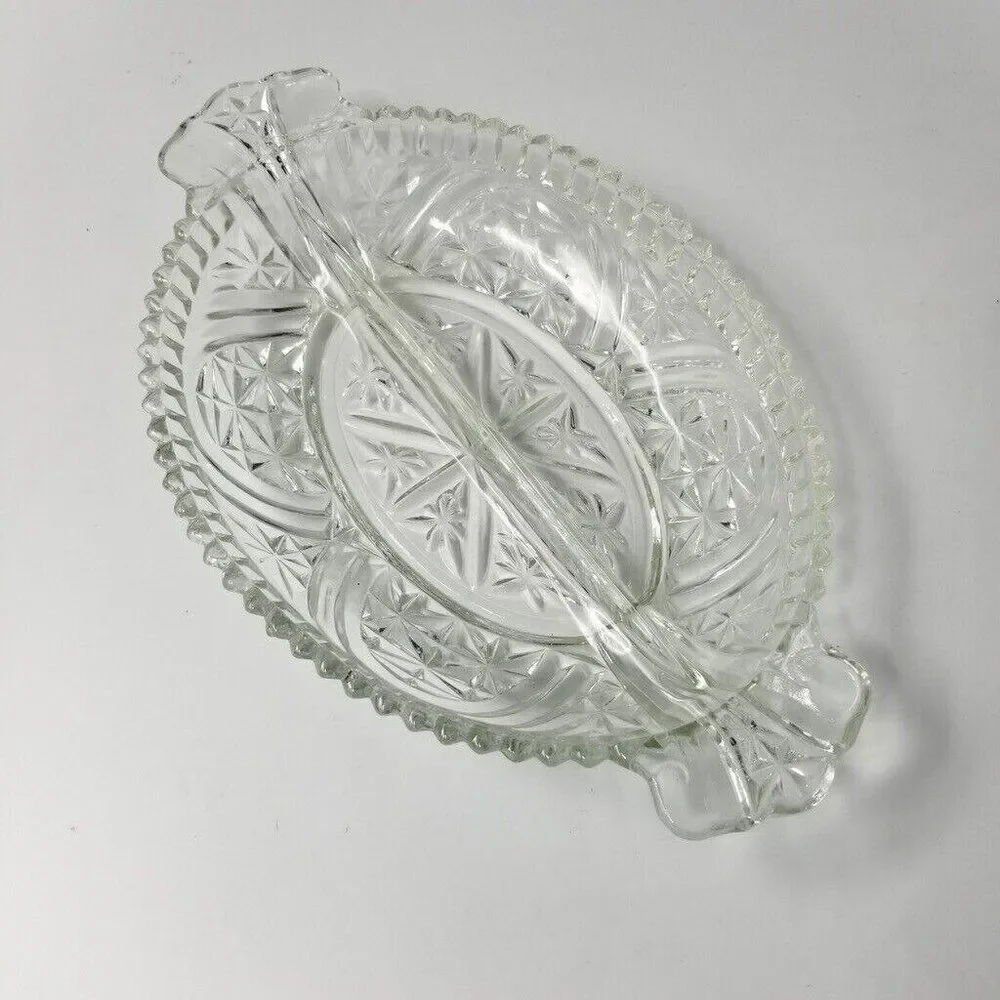 Vintage Anchor Hocking 2 Part Relish Dish Clear Crystal Candy Dish Star Design
